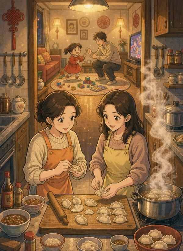 厨房里有人在包饺子 封面插画
