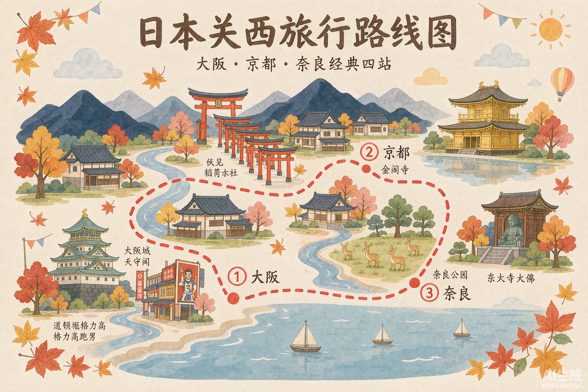 关西秋日 8 天 路线地图插画