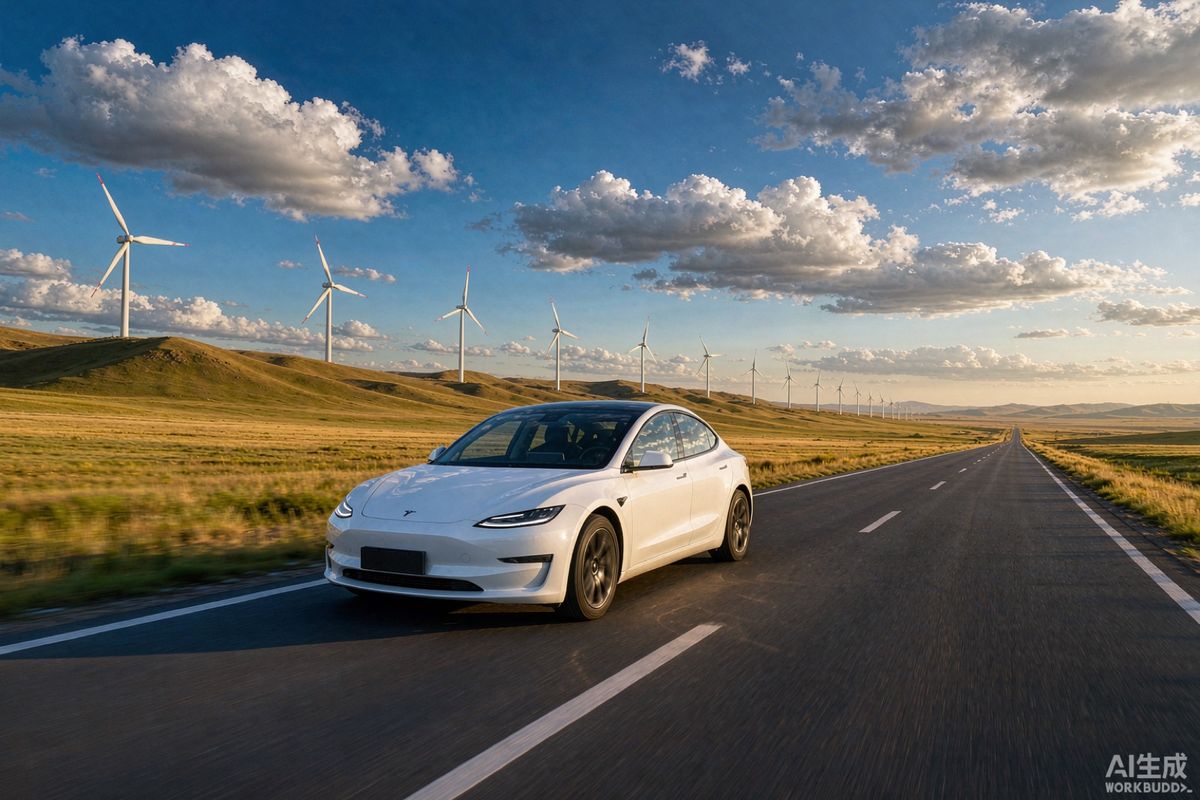 白色 2022 款 Model 3 · 草原公路（示意图）