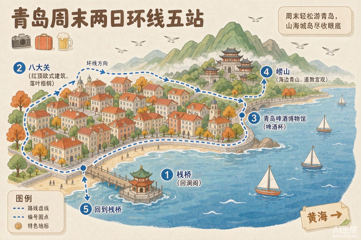 青岛三天 路线地图插画